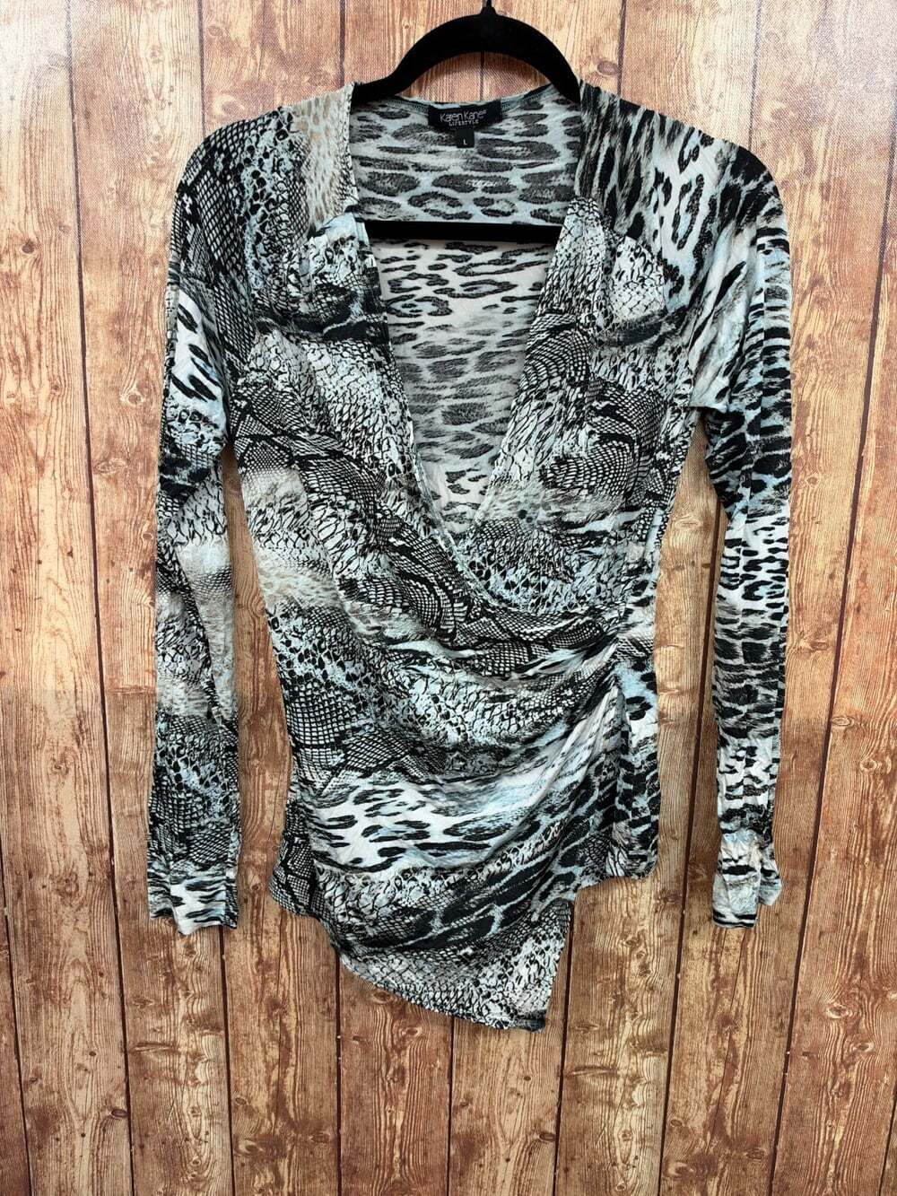 Karen Kane Lifestyle Women's L Animal Print Ruched Wrap Long Sleeve Stretch Top